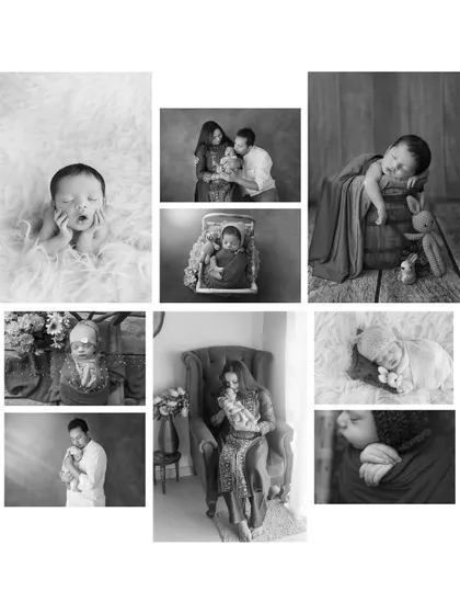 A black and white collage that tells the story of a newborn session, from solo portraits of the baby to tender moments with the parents.
