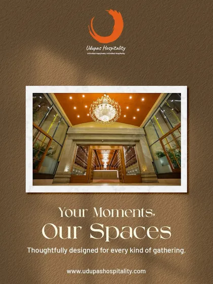 "Your Moments, Our Spaces." This graphic, featuring the grand entrance to one of our venues, encapsulates our mission to provide thoughtfully designed spaces for every kind of gathering.