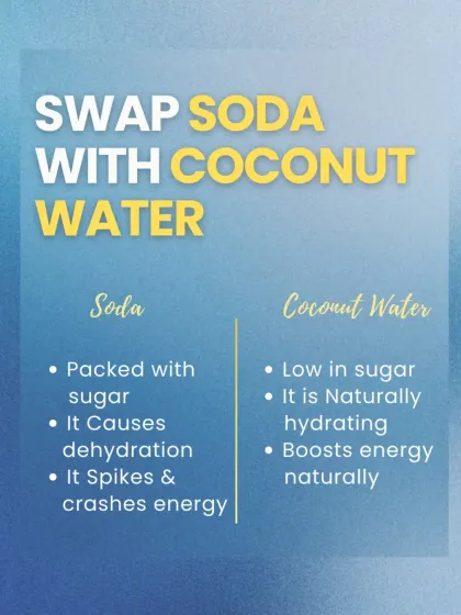 Ditch the sugary soda that causes energy crashes. Switch to coconut water, which is naturally hydrating, low in sugar, and gives you a natural energy boost without the junk.
