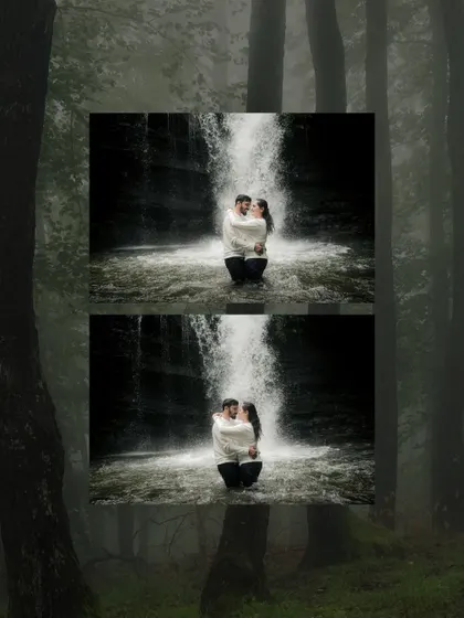 A duplicate of image 40, this creative edit frames the couple's embrace under a waterfall, emphasizing the dramatic and romantic nature of the scene.