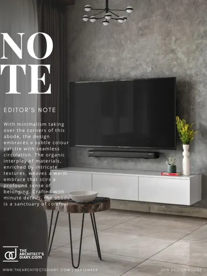 The Editor's Note from The Architect's Diary feature, praising the home's minimalism, organic interplay of materials, and intricate textures.