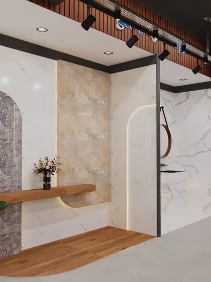 A 3D render for a tile manufacturer's showroom. We designed distinct zones with arched niches and varied lighting to showcase different tile collections in realistic mock-up settings.