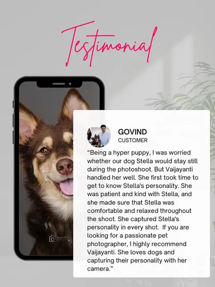 A testimonial from the owner of a hyper puppy, recommending me for my passion and ability to capture personality.