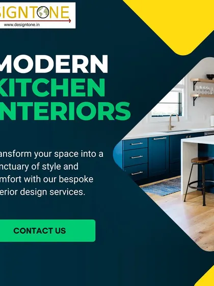 An advertisement for our modern kitchen interiors, featuring a beautiful kitchen with navy blue cabinets, a white island with seating, and natural wood flooring. It represents our bespoke interior design services.