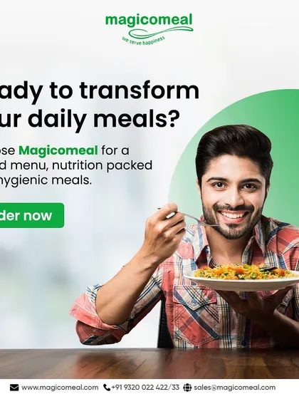 Ready to transform your daily meals? This graphic is a clear call to action, inviting you to choose us for a varied menu, nutrition-packed food, and hygienic meals.