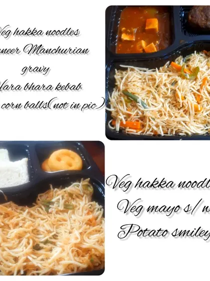 We offer Indo-Chinese options in our party boxes too. This order included veg hakka noodles with paneer manchurian gravy and a hara bhara kebab for the adults, and a simpler version for the kids.