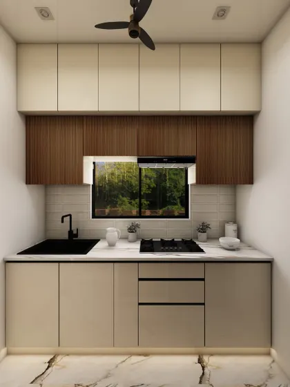 A minimalist kitchen with two-tone cabinets in wood and beige, offering a clean and modern aesthetic with ample storage.