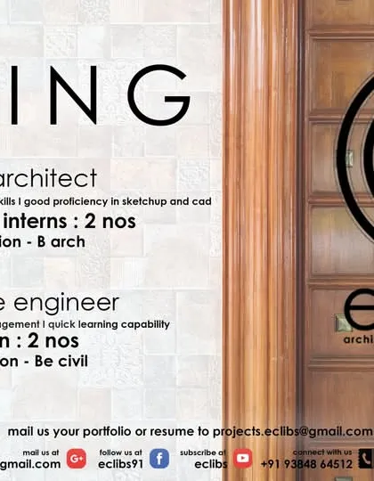 Eclibs in Chennai is hiring for multiple roles, including a Junior Architect and Junior Site Engineer.