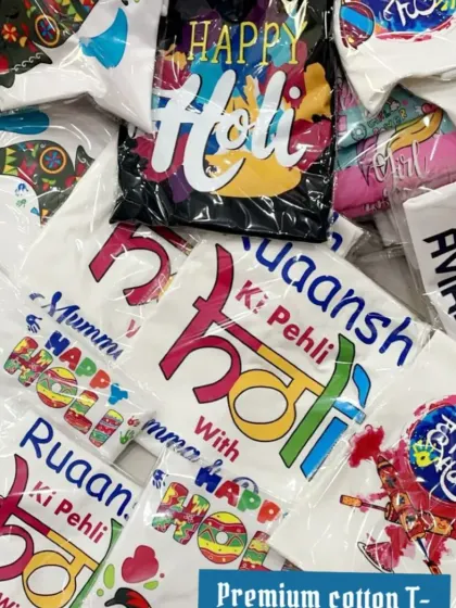 Get ready for the festival of colors with these custom "Happy Holi" t-shirts. I can print names and fun Holi-themed graphics on premium cotton t-shirts, perfect for corporate events or family celebrations.
