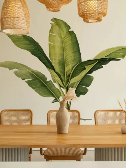 A large Wavy Banana Tree Wall Sticker serves as a stunning piece of art in this dining area. The design adds a touch of nature and sophistication to the room.