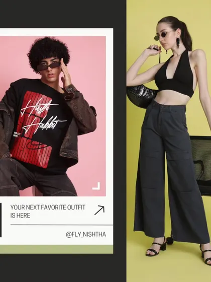 Another social media-friendly collage I directed, presenting two distinct outfits side-by-side. This helps customers quickly see the range of styles available, from casual menswear to a chic halter top look for women.