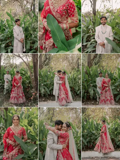 A collage of moments from the couple's outdoor shoot, with several beautiful solo shots of the bride.