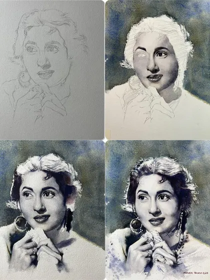 A four-panel grid showing the step-by-step process of the Madhubala portrait, perfect for teaching my watercolor techniques.