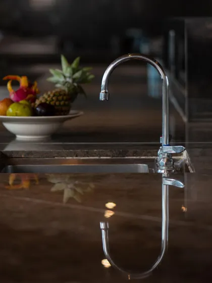 An on-location shot of a T&S Brass faucet in a high-end kitchen setting. The reflection on the glossy countertop and the bowl of fruit in the background create a sophisticated, real-world context for the product.