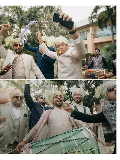 The groom's energetic baraat, complete with friends dancing and playing the dhol. We capture the high-energy celebration that precedes the wedding ceremony.