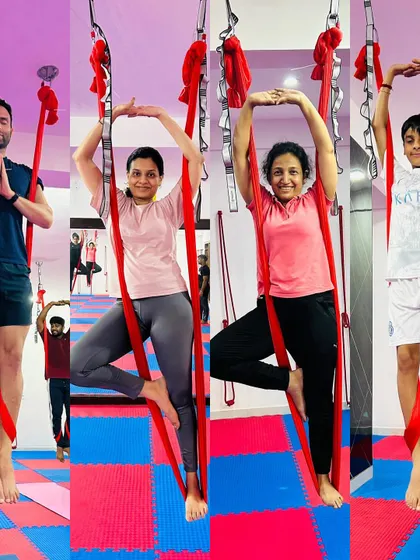 From kids to adults, our aerial classes are a family affair. This collage shows students of all ages finding their balance and joy in suspended tree poses.