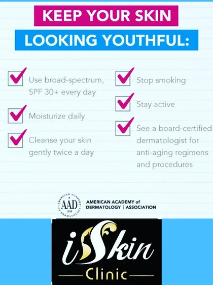 A simple checklist of essential habits for maintaining youthful skin. This includes daily sun protection, proper cleansing, and consulting a board-certified dermatologist for anti-aging treatments.