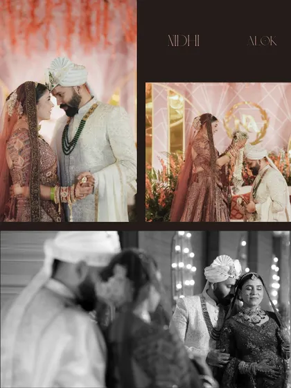 A collage of Nidhi and Alok's wedding ceremony, showing the varmala, emotional family moments, and their bond in both color and black and white.