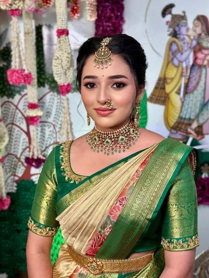 A beautiful portrait of Nischaya, embodying the grace and charm of a South Indian bride.