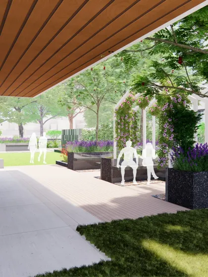 A conceptual view from under a pergola, looking out onto a garden with lavender-filled planters and a trellised seating nook. We design from multiple perspectives to ensure every view is a pleasant one.