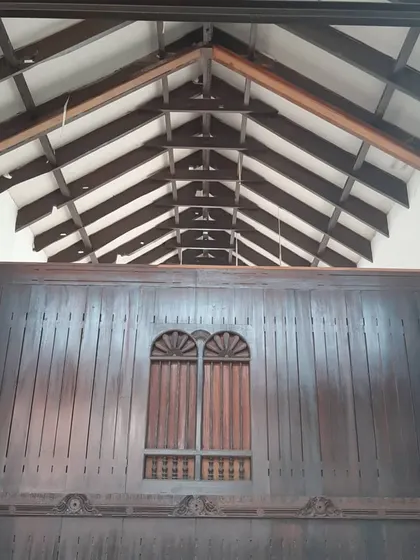 A duplicate image showing the beautiful interior woodwork and rafters from a slightly different angle.