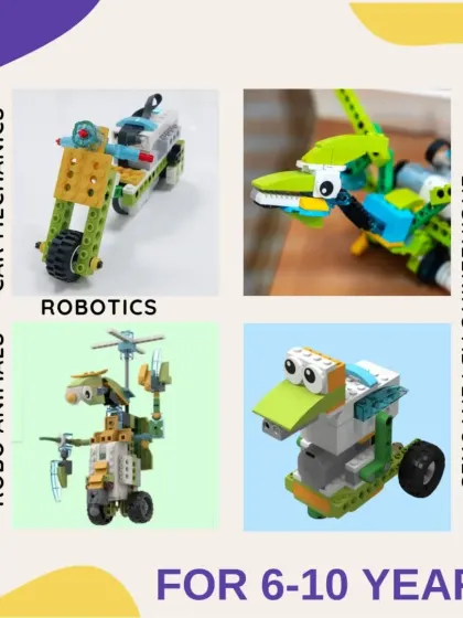 This graphic showcases some of the project types for the 6-10 year old group, including car mechanics, robotics, and engineering adventures.