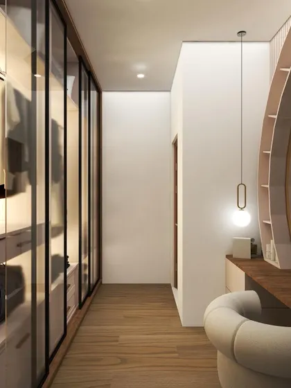 A 3D render of a walk-in closet with glass-door wardrobes and a chic dressing table, designed to be a luxurious and personal space.