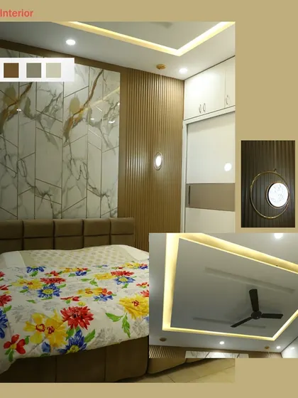 A mood board of a bedroom project, showcasing a marble and wood-paneled accent wall, a custom bed, and a geometric false ceiling design.