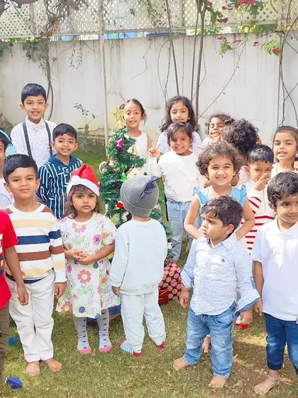 A group of happy faces during our Christmas party. These moments of shared celebration build a strong sense of community and friendship among the children.