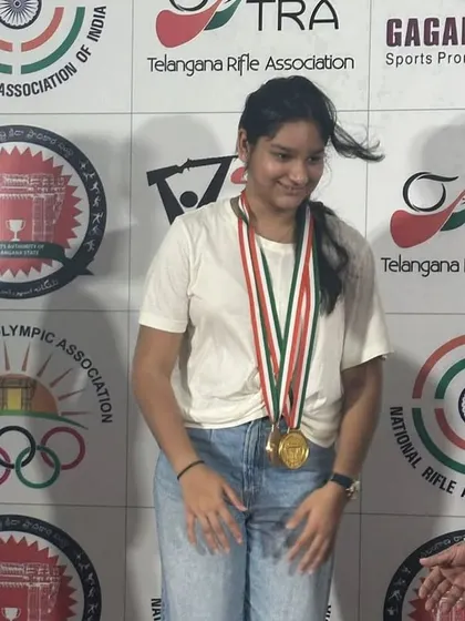 Our shooter Laakhi receives her gold medal at the Telengana State Shooting Championships.