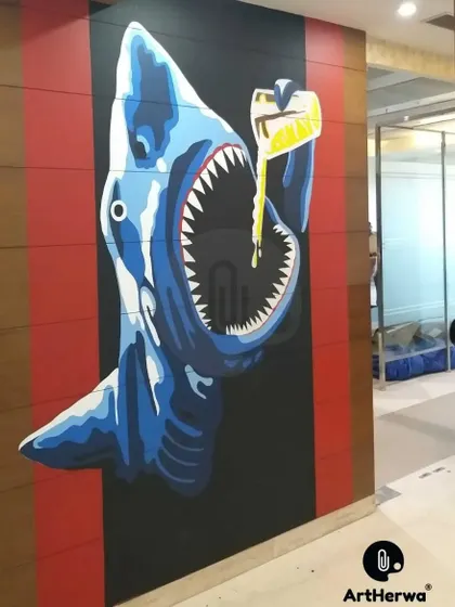 A thrilling 3D selfie wall in Faridabad, featuring a shark pouring a drink into its mouth. This kind of fun, interactive art is perfect for bars or entertainment venues.