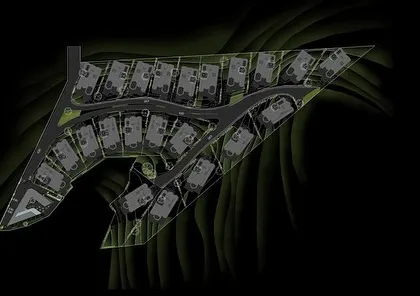 The site plan for the Dona Paula masterplan shows the arrangement of modular house typologies along the site's contours. This strategic placement ensures that every plot benefits from the natural slope and views towards the sea.