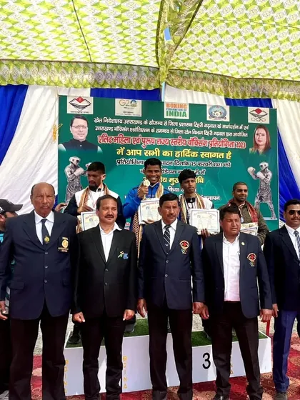 The official podium picture from the Uttarakhand Senior Boxing Championship. A great achievement for our coach and academy.