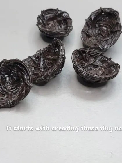 It all starts with creating these tiny nests. I weave them by hand to make them look as realistic as possible.