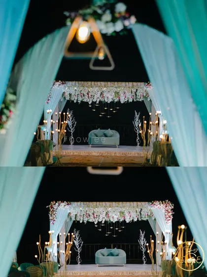 A closer, more artistic view of the dreamy pastel blue stage setup.