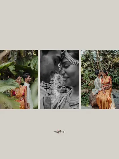A triptych of artistic couple portraits taken around the wedding venue. It includes a mix of color and black and white images, capturing different moods and intimate moments.