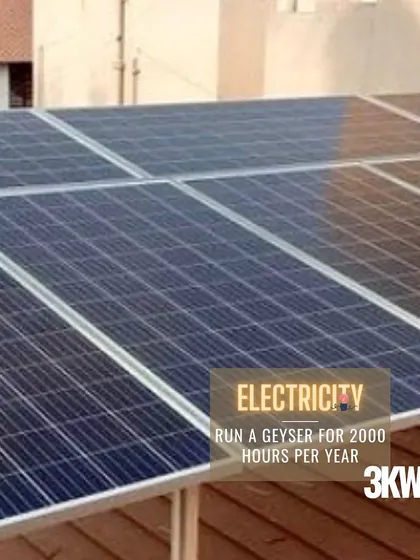This image emphasizes the power generation capability of a 3kW system, sufficient for 2000 hours of geyser usage annually.