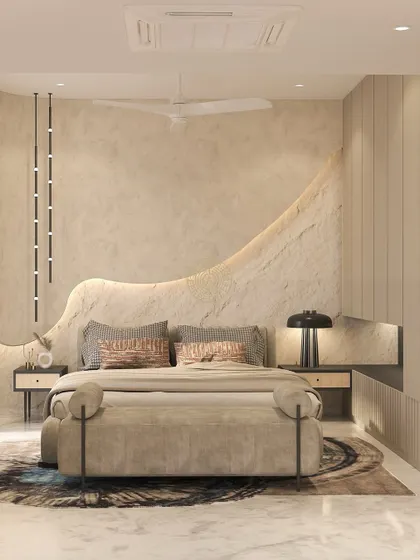 This bedroom render showcases a unique, organically shaped stone-textured headboard with integrated lighting. The neutral palette and mix of textures create a calm and sophisticated retreat.