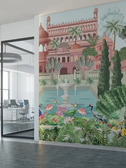 Our Vintage Mughal Garden wallpaper brings a touch of royal history to this modern office. The detailed architecture and lush greenery create an inspiring and sophisticated environment.