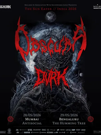 The official poster for The Sun Eater India Tour, announcing the India debut of German death-metal giants Obscura and French band DVRK.