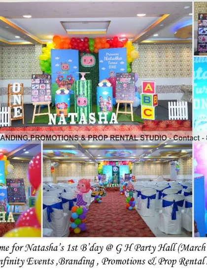A grand Cocomelon first birthday at GH Party Hall. This extensive setup includes a large backdrop, multiple themed easels and milestone boards, character props, and colorful balloon arrangements throughout the venue.