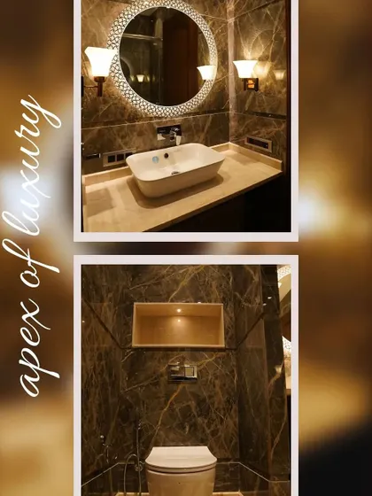 The apex of luxury. This collage shows two views of a bathroom clad in dark marble, featuring a vessel sink, a decorative mirror, and a wall-mounted WC.