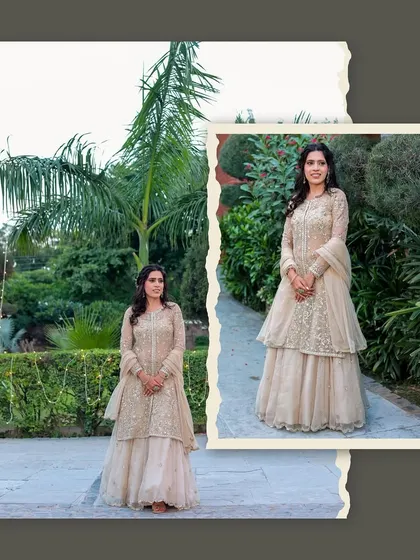 A creative collage of the bride-to-be, using torn paper effects for an artistic touch. It showcases her in a beautiful outdoor setting.