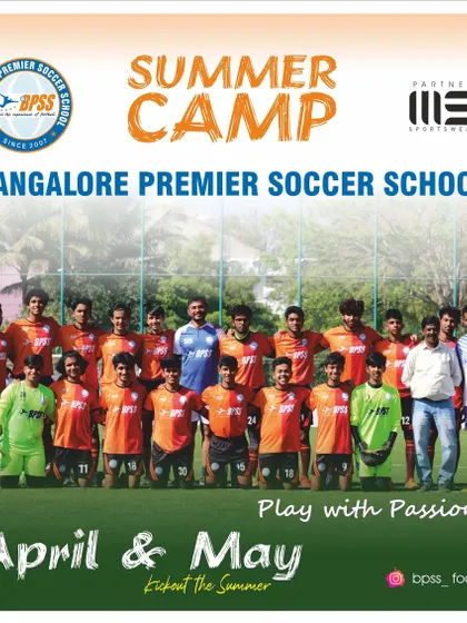 Our Summer Camp flyer, showcasing our team in their vibrant orange home kits. Join us to play with passion and improve your game.