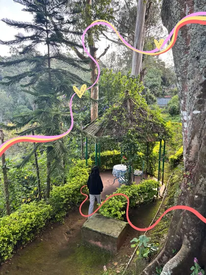Exploring a garden gazebo. The colorful, flowing lines I added to this photo create a sense of movement and wonder, making the scene feel more dynamic.