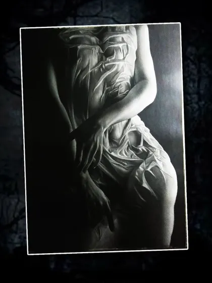 A fine art pencil portrait by Akash Maurya, showing a figure draped in wet cloth. The artist's skill is evident in the rendering of the fabric clinging to the body, a classic and challenging artistic study.
