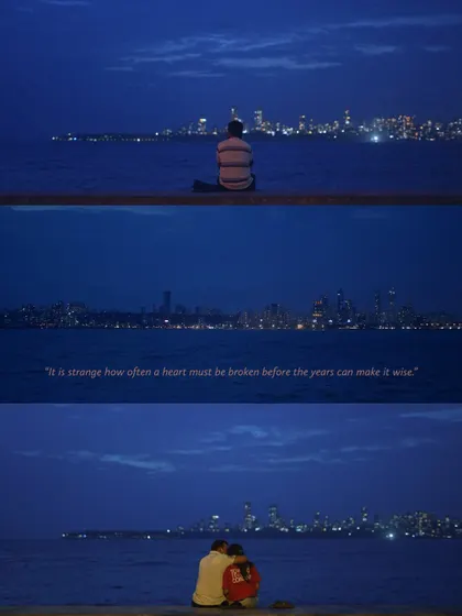 A series of images from Marine Drive at twilight, featuring people finding moments of solitude and connection against the city skyline. The photos are paired with poetic quotes about life, love, and hope.
