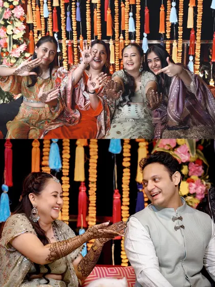 The bride showing off her beautiful mehendi to the groom, a moment of shared joy and tradition.