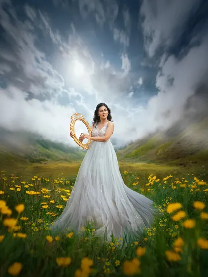 A powerful and imaginative portrait where the mother to be holds a mirror to the sky. This photo blends reality and fantasy for a truly unique maternity picture.