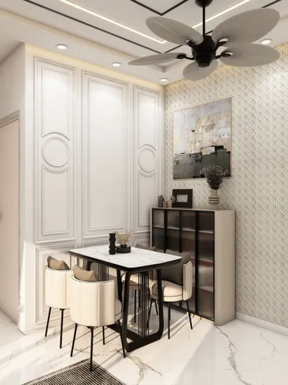Another view of the dining nook, showing how a slim, glass-fronted cabinet provides storage without adding bulk, a key strategy we use in apartment interior design.